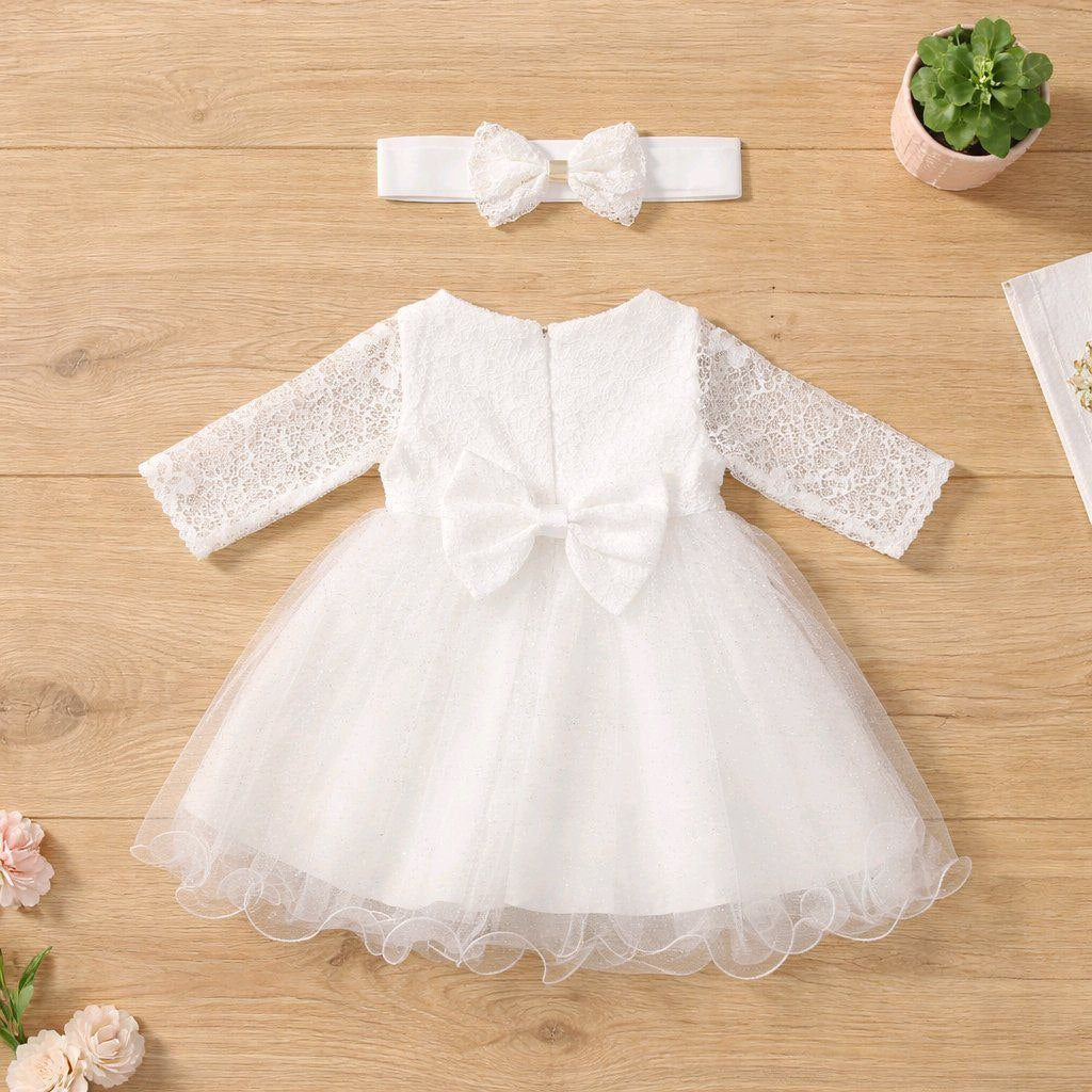 Robe cérémonie fille blanche en tulle et dentelle  – 1 à 3 ans