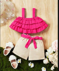 Ensemble fille top volant rose et short beige – 2 à 6 ans