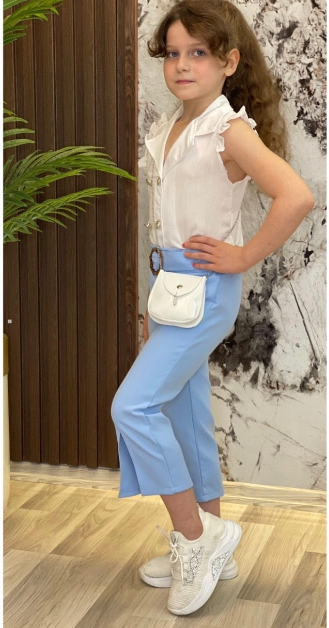 Ensemble fille chemisier élégant pantalon et petit sac blanc – 3 à 11 ans
