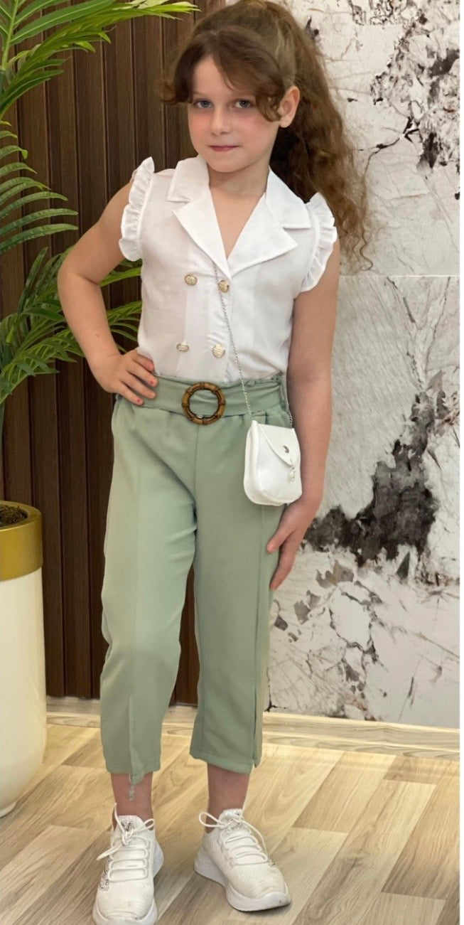 Ensemble fille chemisier élégant pantalon et petit sac blanc – 3 à 11 ans