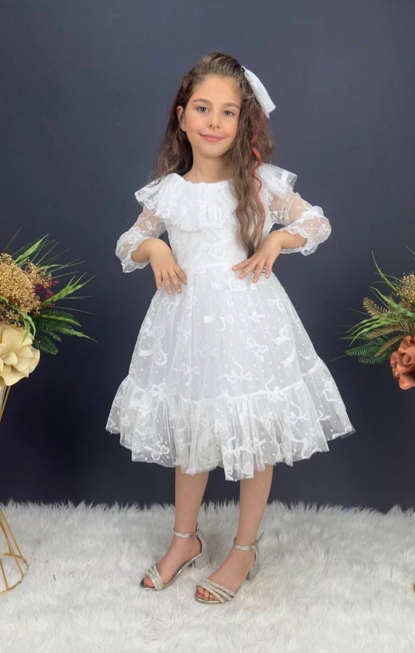 Robe cérémonie fille blanche avec accessoire cheveux – 6 à 10 ans