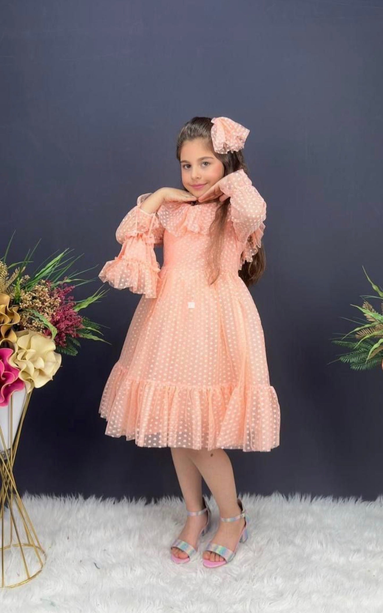 Robe cérémonie fille rose poudré avec accessoire cheveux – 10 à 14 ans