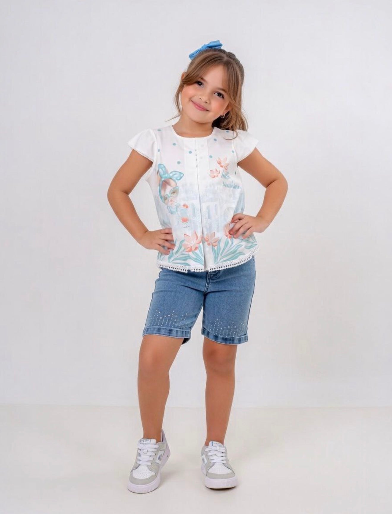 Ensemble fille blouse imprimée et short jean – 2 à 5 ans
