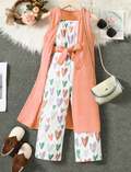 Ensemble fille pantalon imprimé cœurs veste longue et petit sac – 4 à 13 ans