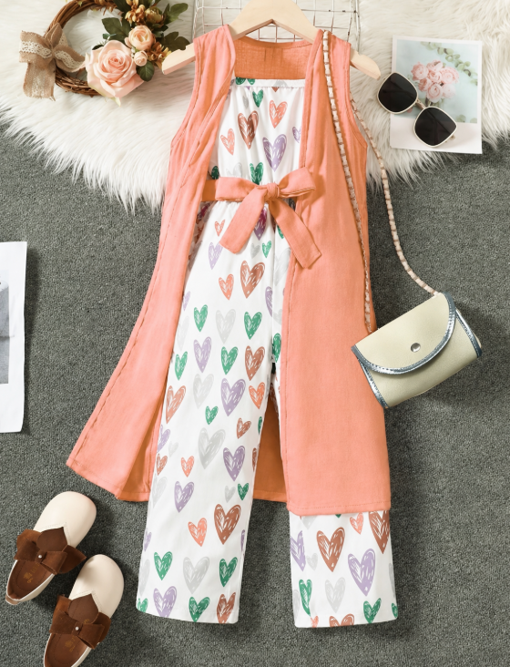 Ensemble fille pantalon imprimé cœurs veste longue et petit sac – 4 à 13 ans