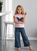 Ensemble fille t-shirt papillon rose et jean large – 3 à 8 ans
