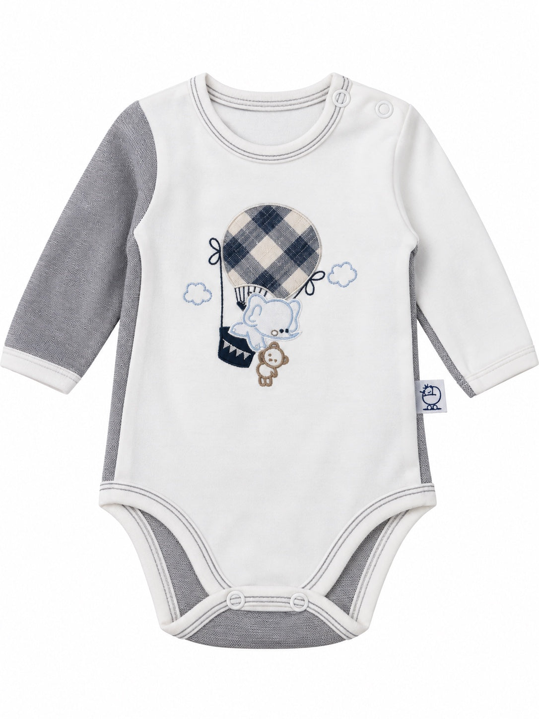 Body bébé blanc et gris motif montgolfière