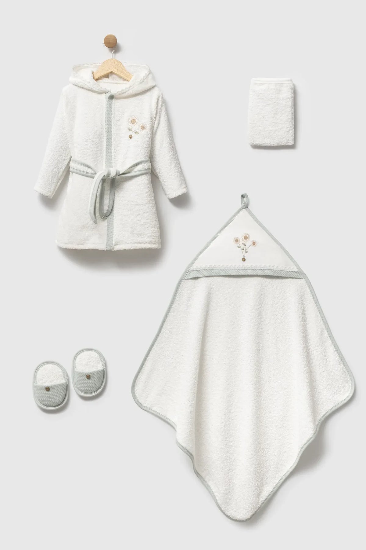 Coffret bain bébé fleurs blanc et vert d’eau