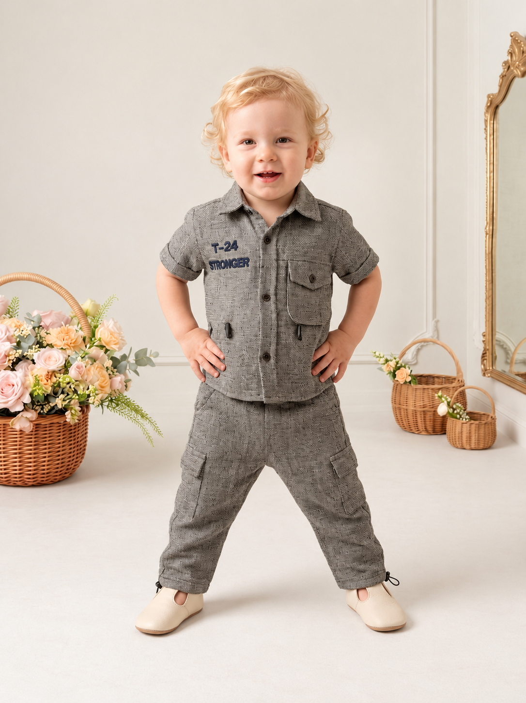 Ensemble bébé garçon gris avec chemise et pantalon
