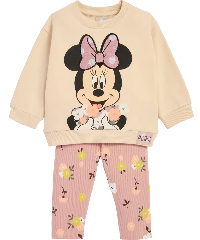 Ensemble bébé sweatshirt crème Minnie et legging rose fleuri
