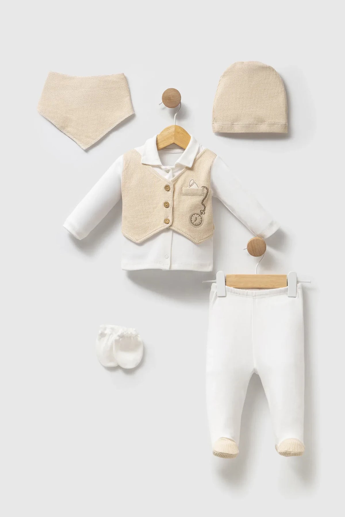 Ensemble naissance Bebelinna avec gilet tricoté beige