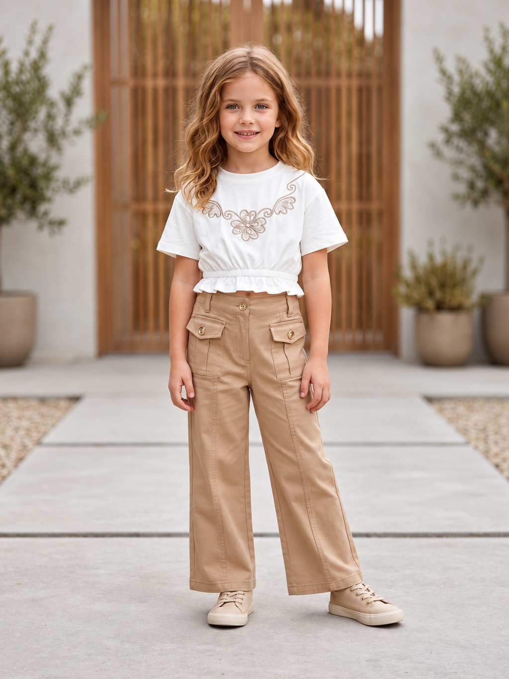 Ensemble fille avec haut blanc brodé et pantalon beige