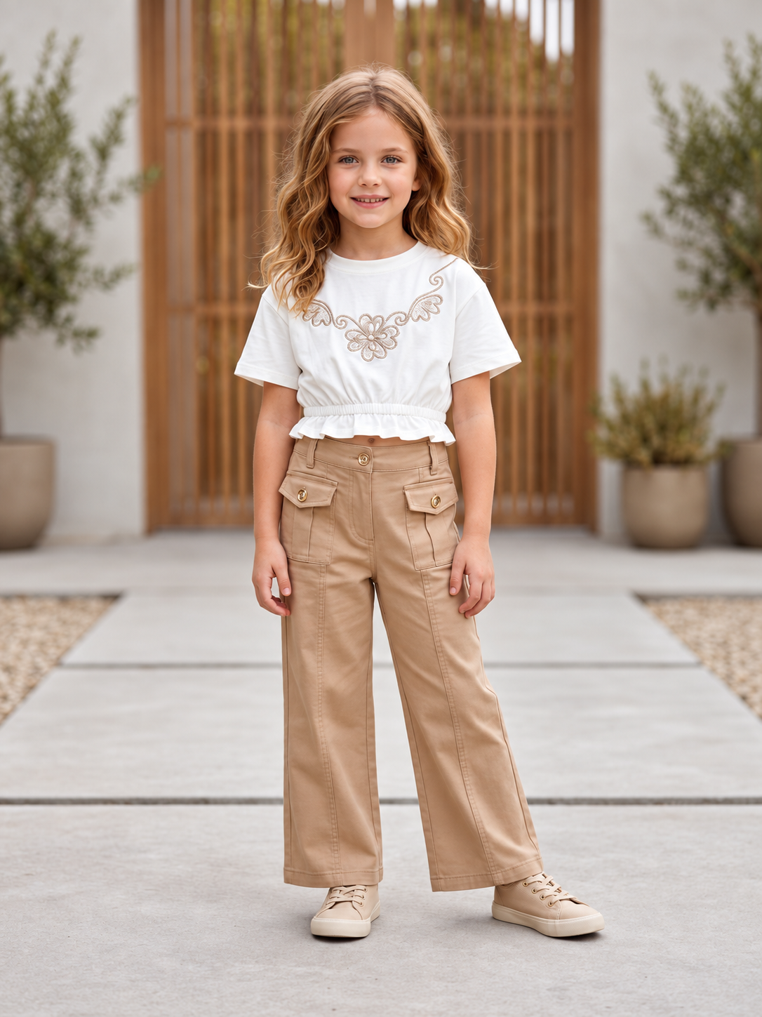 Ensemble fille avec haut blanc brodé et pantalon beige