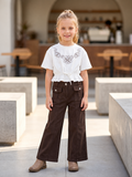 Ensemble fille avec haut blanc brodé et pantalon marron