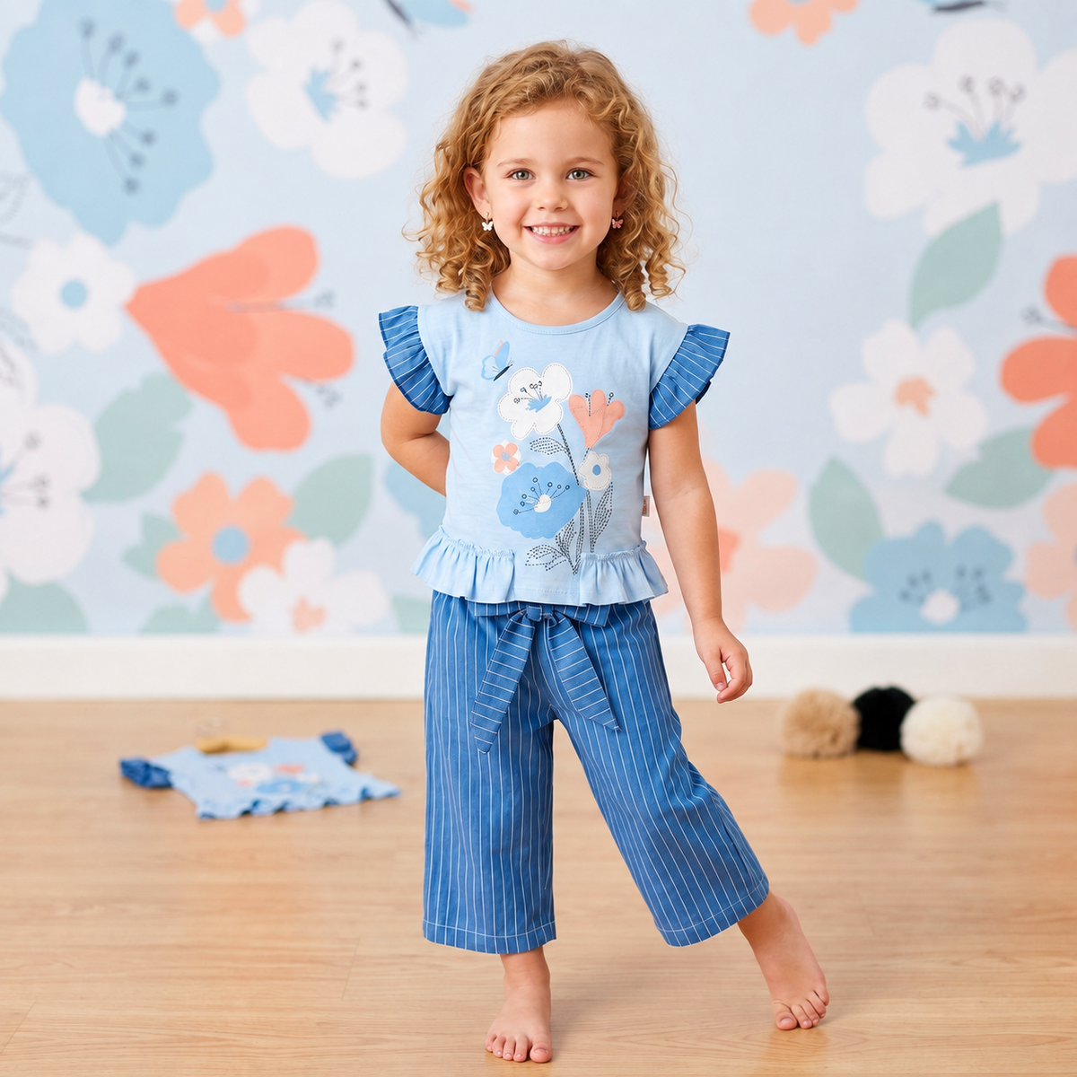 Ensemble fille tee-shirt fleuri bleu et pantalon rayé bleu