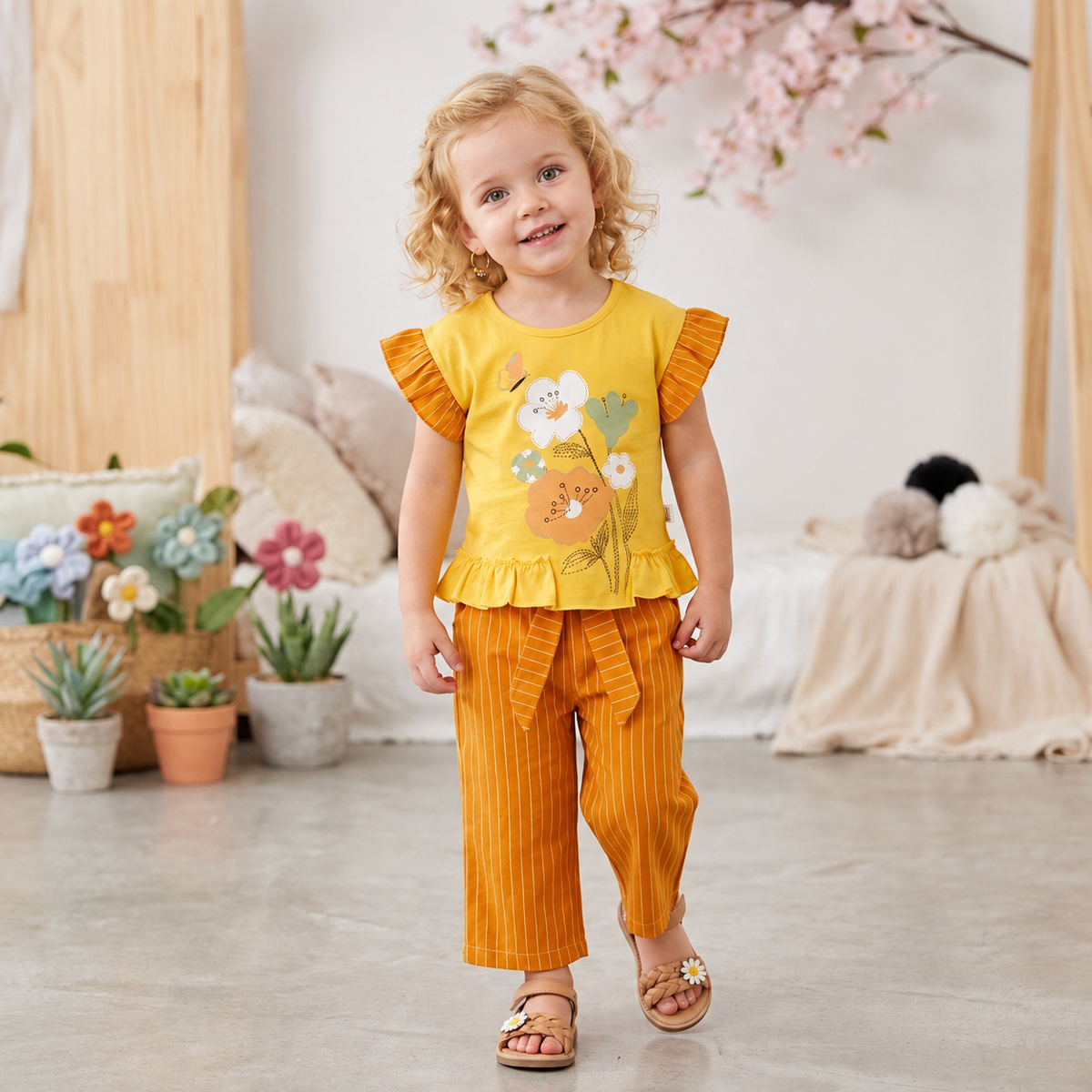 Ensemble fille tee-shirt fleuri jaune et pantalon rayé orange