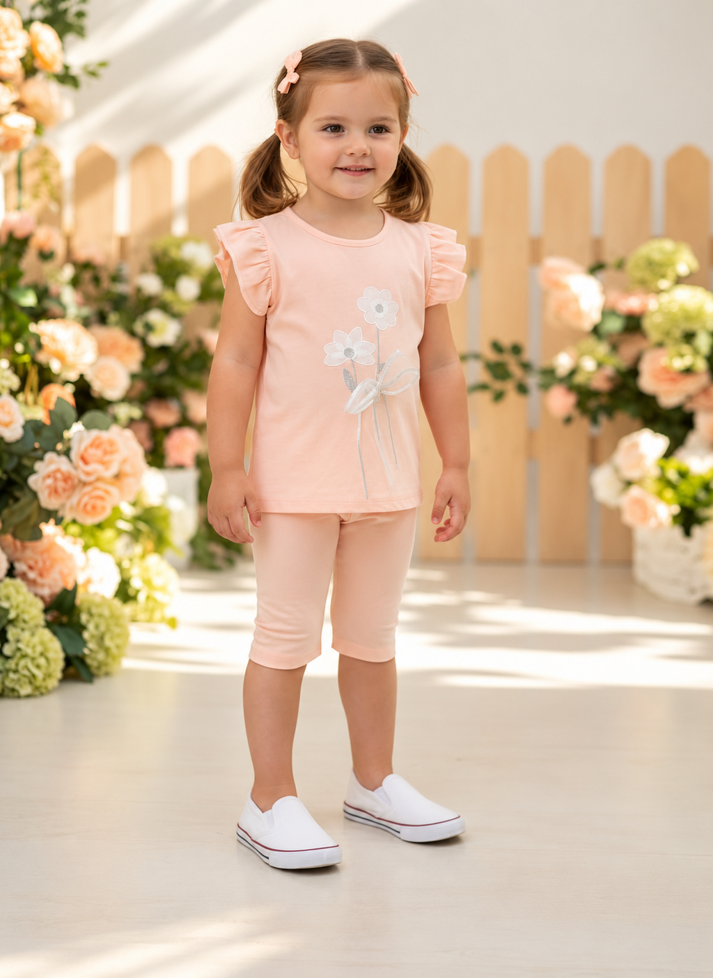Ensemble fille pêche avec motif fleuri et short