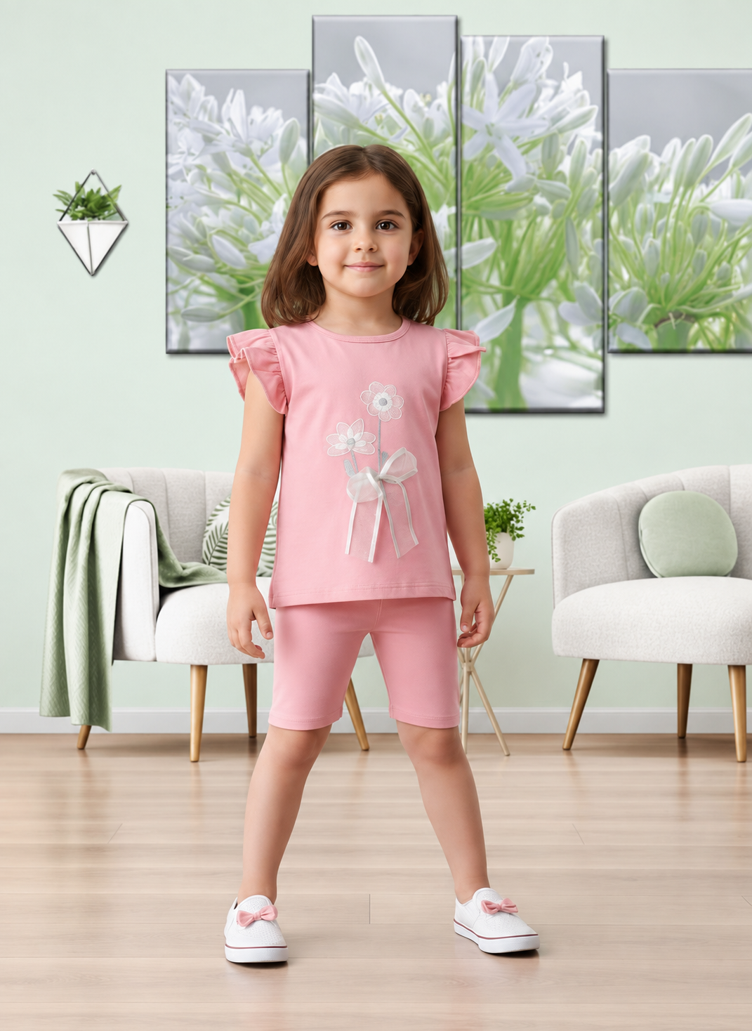 Ensemble fille rose avec motif fleuri et short