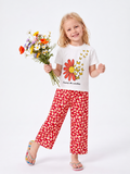 Ensemble fille tee-shirt blanc fleuri et pantalon rouge