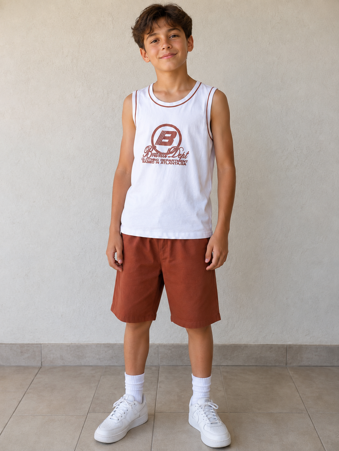 Ensemble garçon débardeur blanc et short terracotta