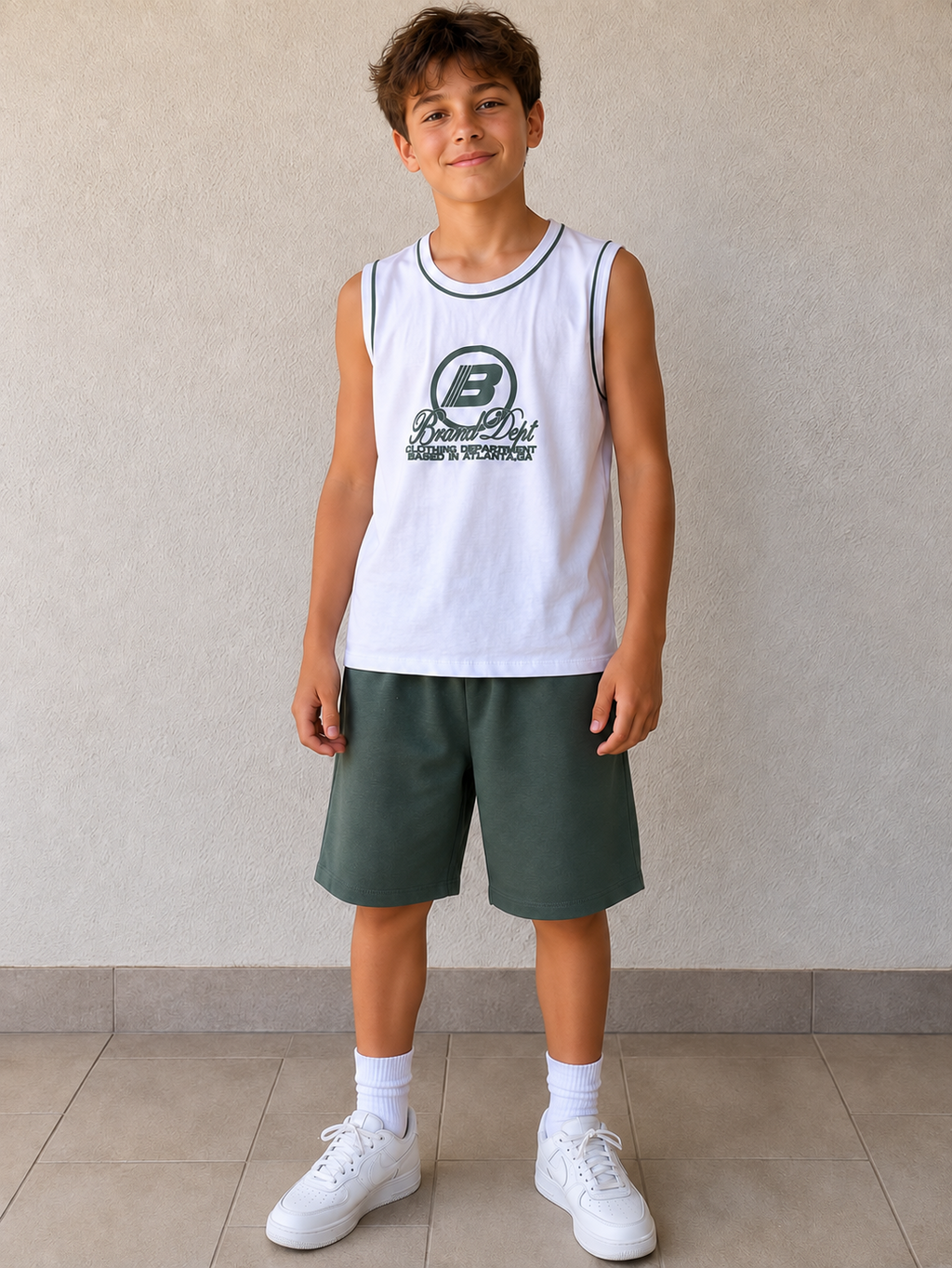 Ensemble garçon débardeur blanc et short vert foncé