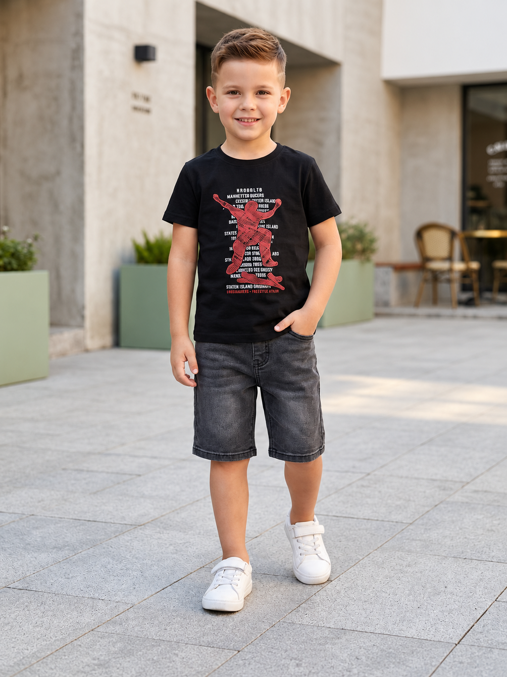 Ensemble garçon avec tee-shirt noir imprimé et short noir