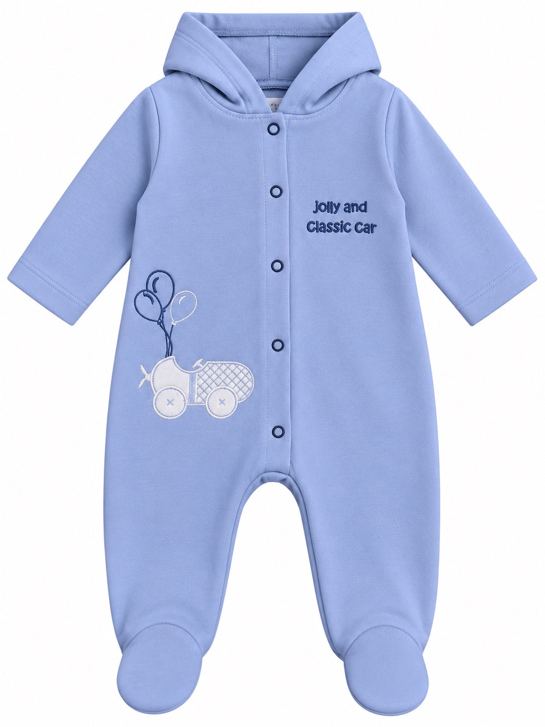 Grenouillère bébé bleue à capuche motif voiture