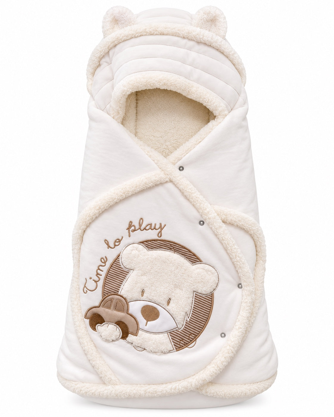 Nid d’ange bébé écru avec capuche à oreilles et motif ourson