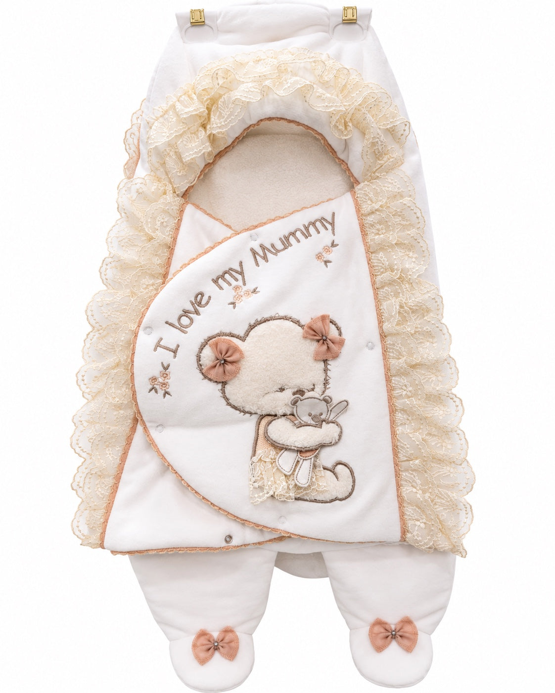 Nid d’ange bébé fille blanc avec dentelle écrue et motif ourson