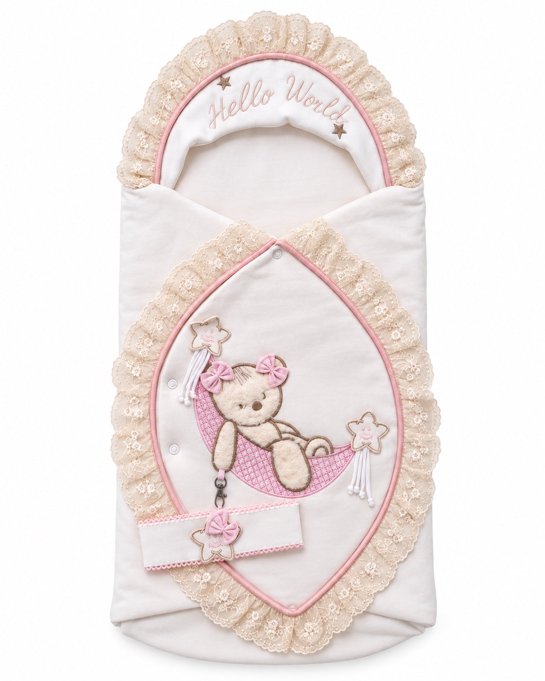 Nid d’ange blanc écru pour bébé fille avec dentelle, détails roses et motif ourson