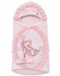 Nid d’ange rose pour bébé fille avec dentelle et motif ourson