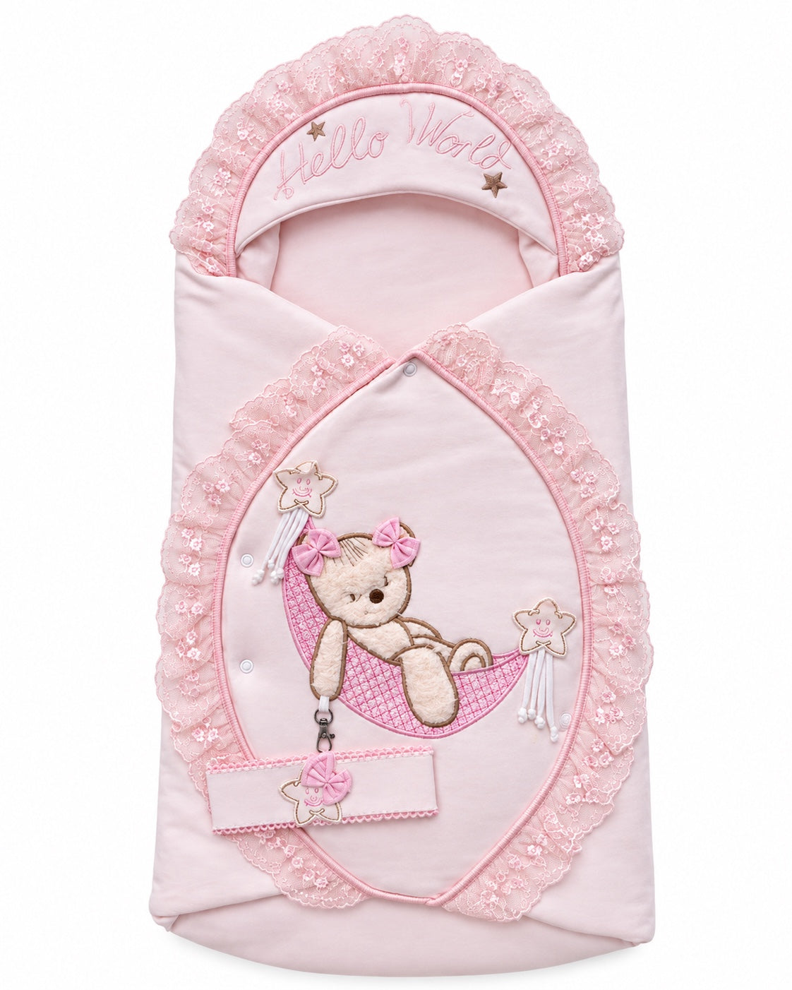 Nid d’ange rose pour bébé fille avec dentelle et motif ourson
