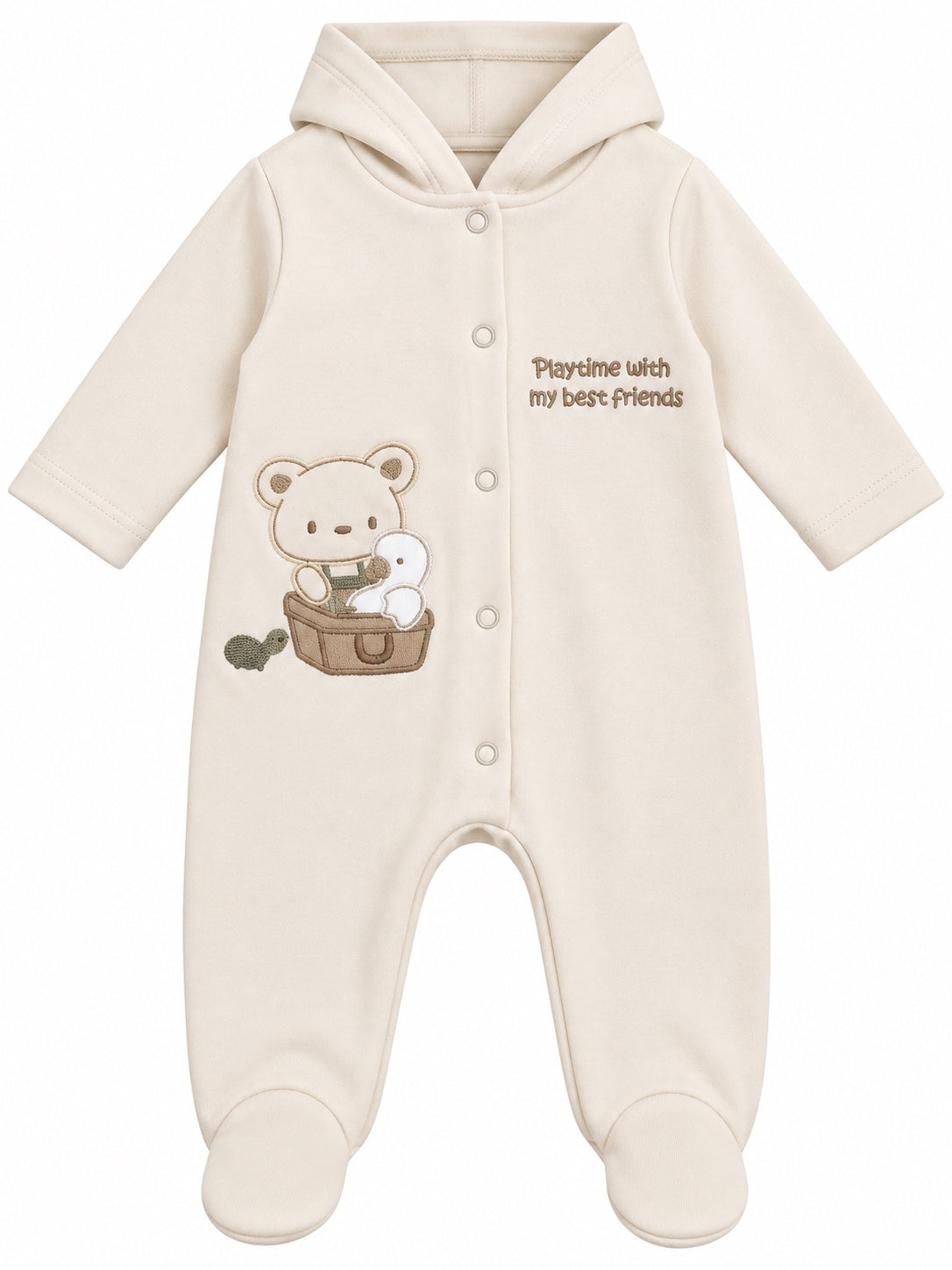 Grenouillère bébé beige à capuche motif ourson