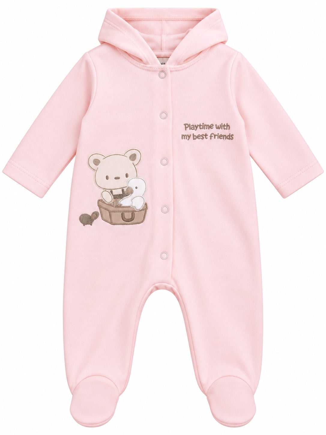 Grenouillère bébé rose à capuche motif ourson