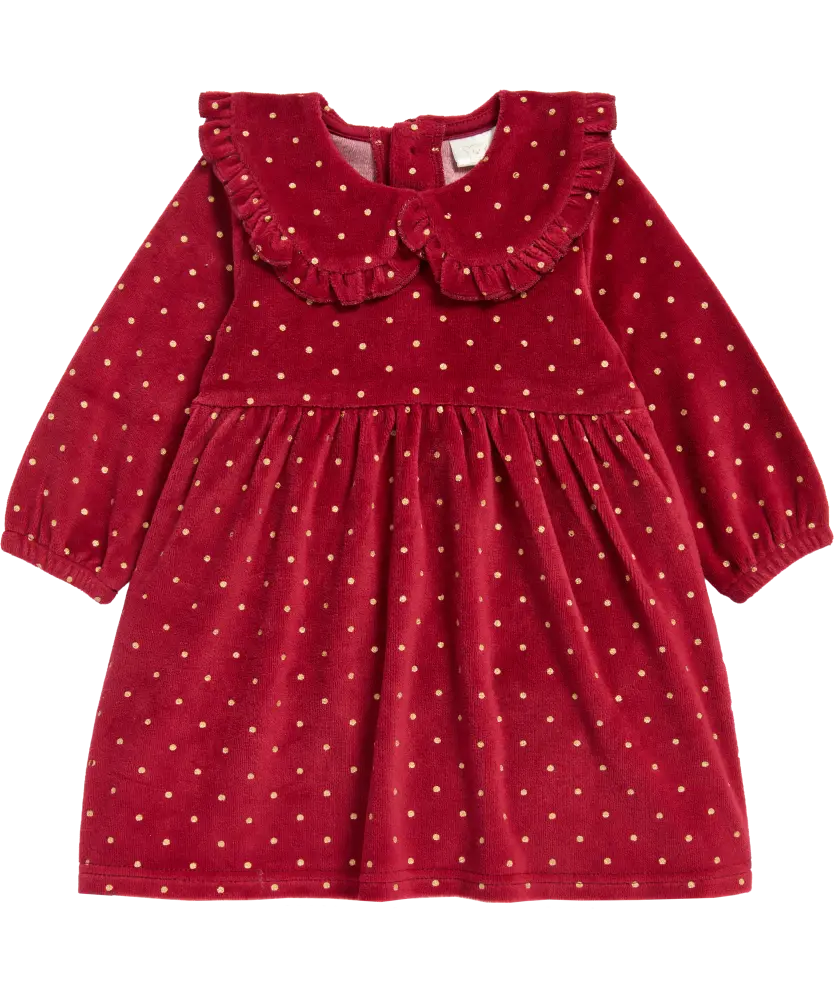 Robe bébé velours rouge à pois dorés devant