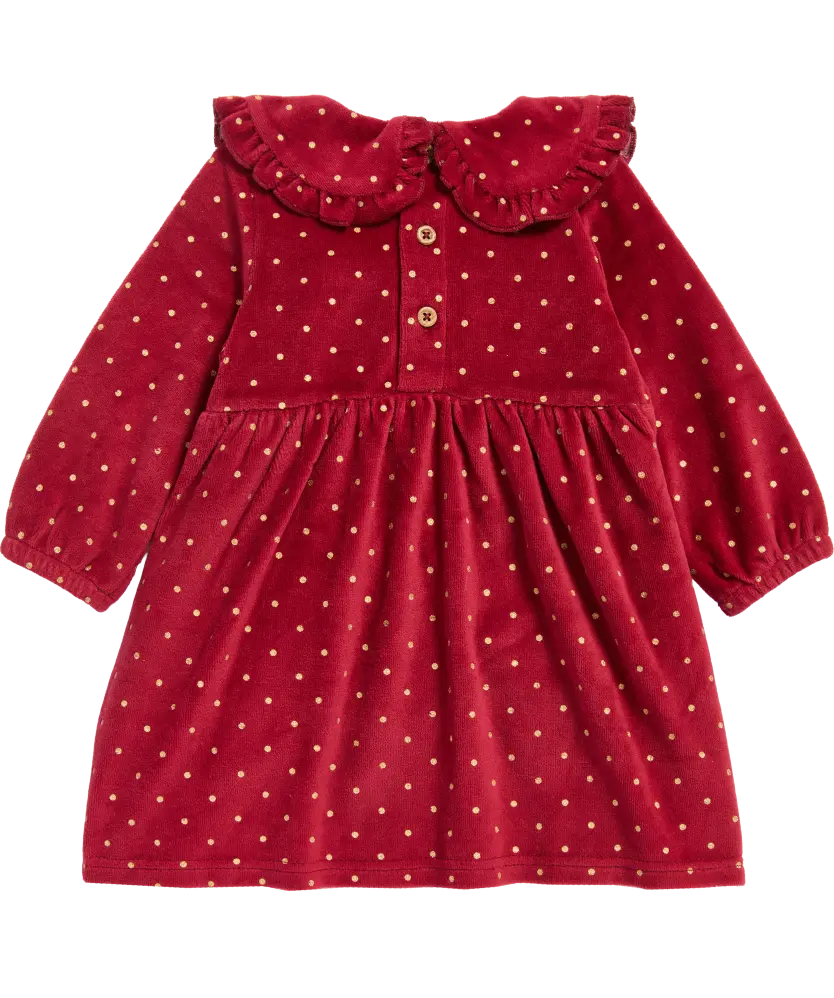 Robe bébé velours rouge à pois dorés dos