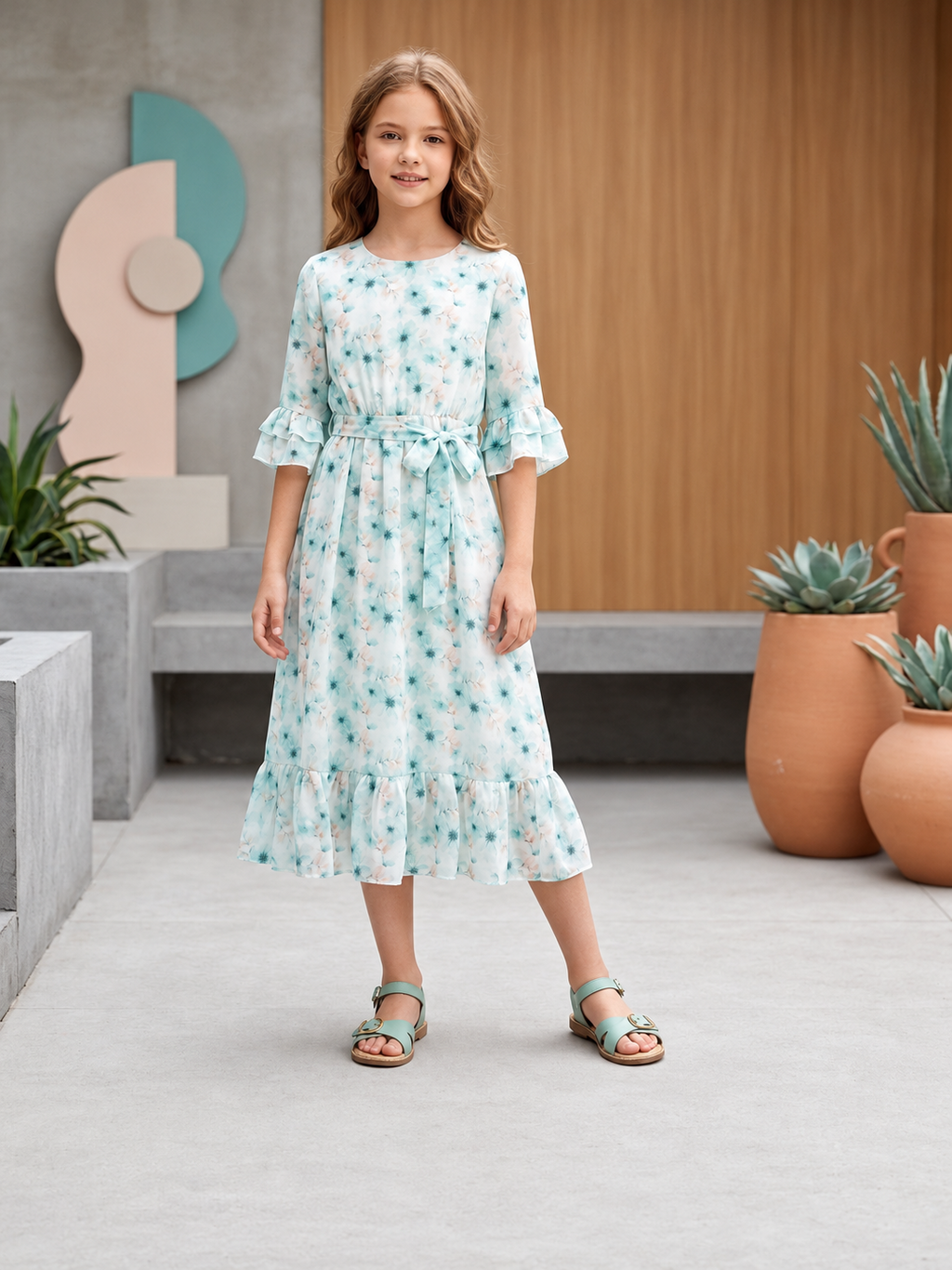 Robe longue fleurie vert d'eau pour fille